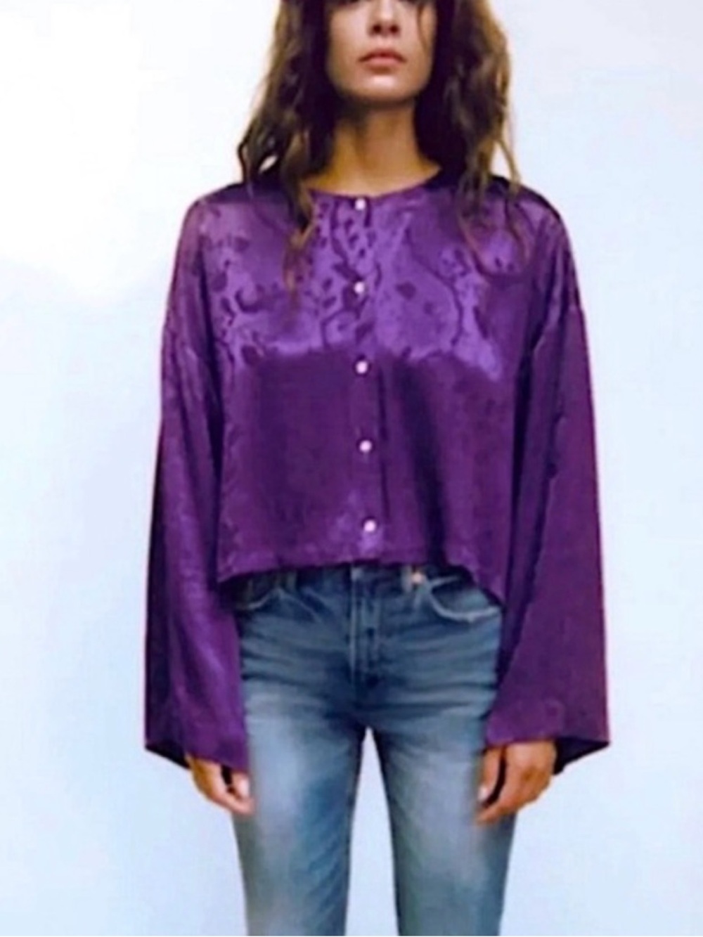 Zara Purple Satin Button-Down Crop Shirt